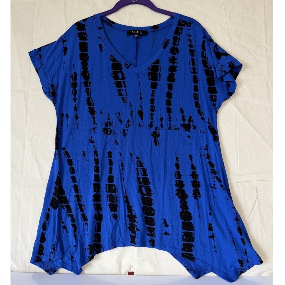 B.L.E.U. Women L Blue Black Stripe V Neck Short Sleeve Stretch Tunic Top